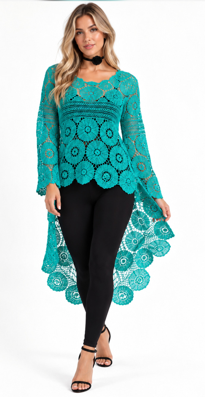 Pyramid Collection Crochet All Day Tunic Turquoise Hi Low Bell Sleeve M NWOT